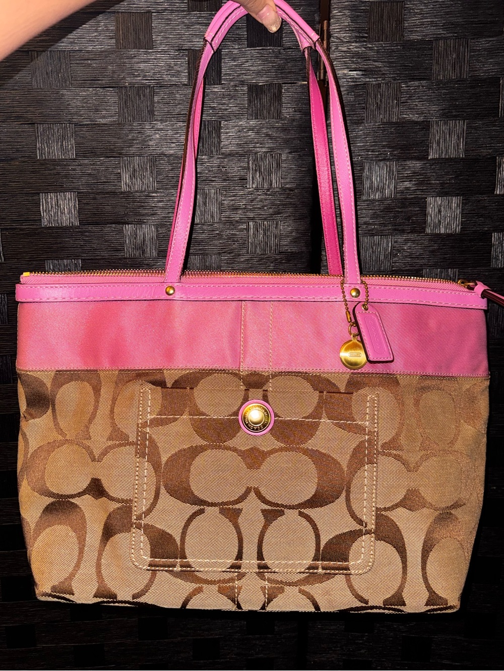Authentic Coach Khaki and Pink Signature Stripe Tote Y2k